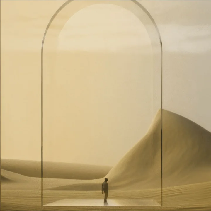 A figure under a glass arch in the desert
