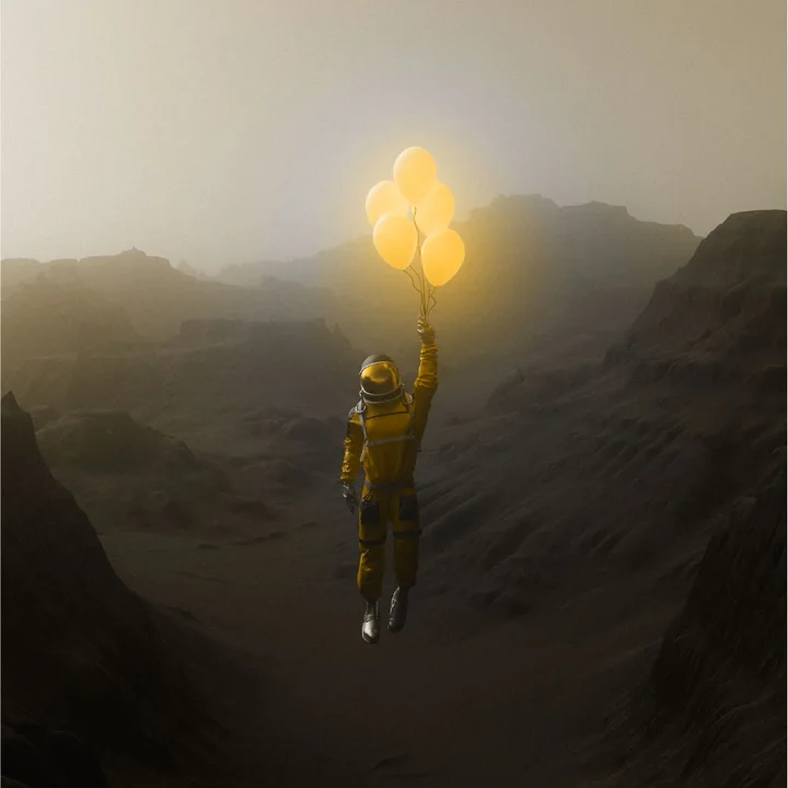 Post: astronaut floating with glowing balloons